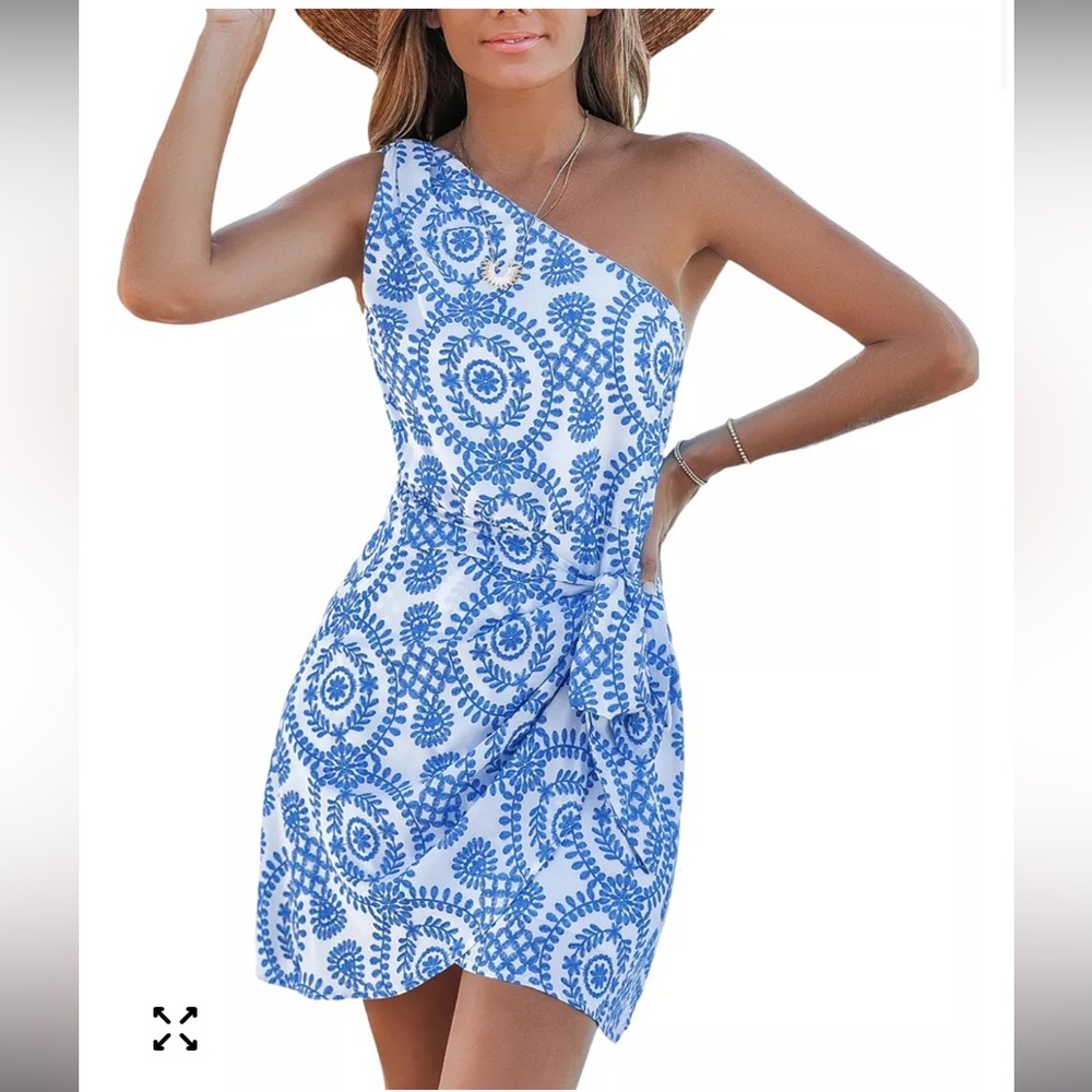 CUPSHE One-Shoulder Blue & White Printed Summer Dress. XL